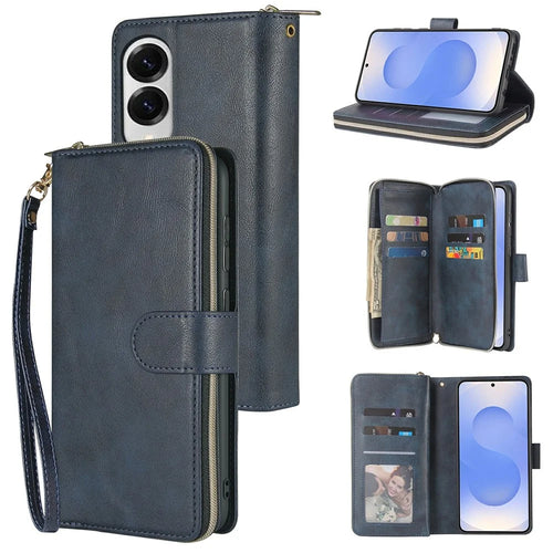 For Samsung Galaxy S25 Edge Case Zipper Pocket PU Leather Phone Cover with Hand Strap - Blue - 1