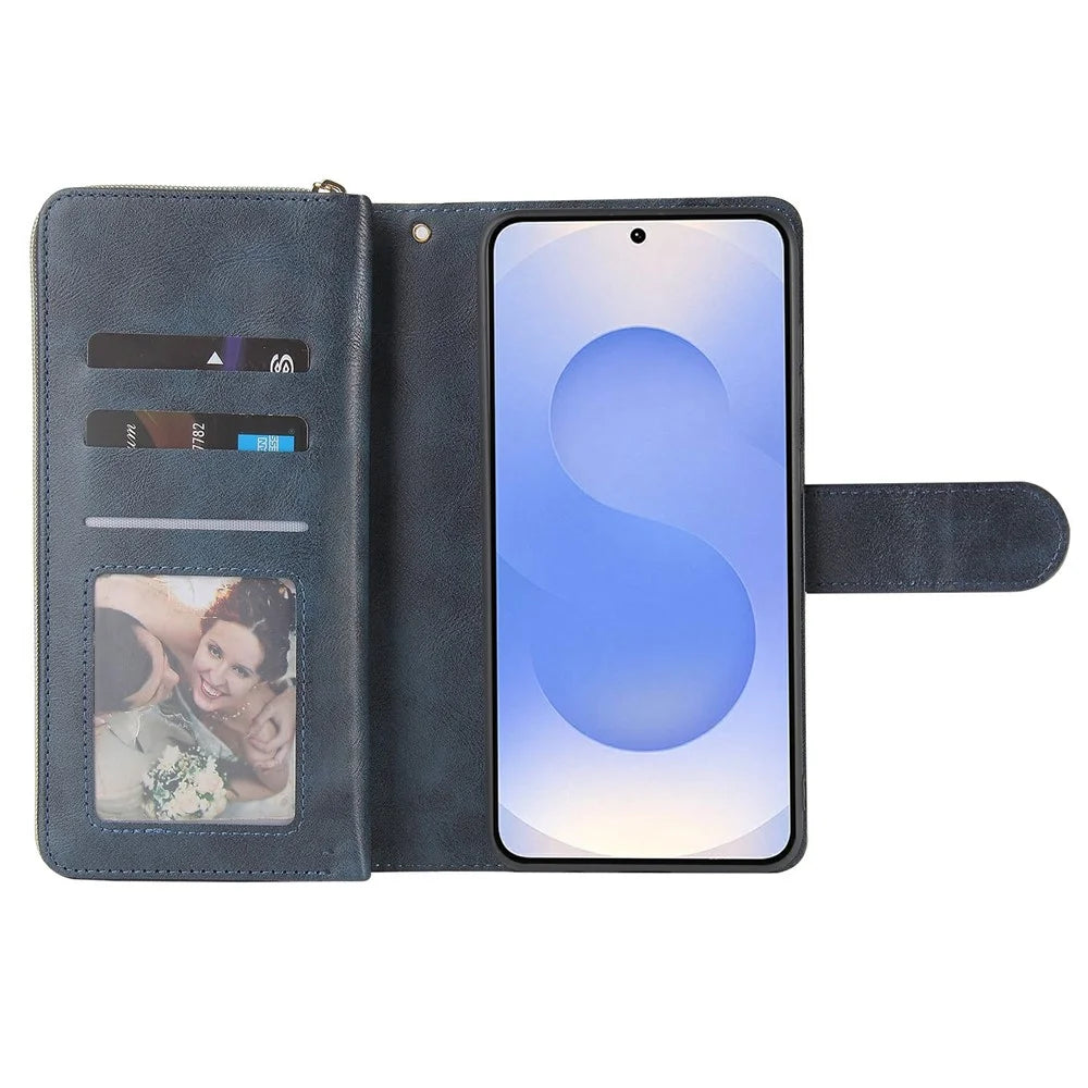 For Samsung Galaxy S25 Edge Case Zipper Pocket PU Leather Phone Cover with Hand Strap - Blue - 2