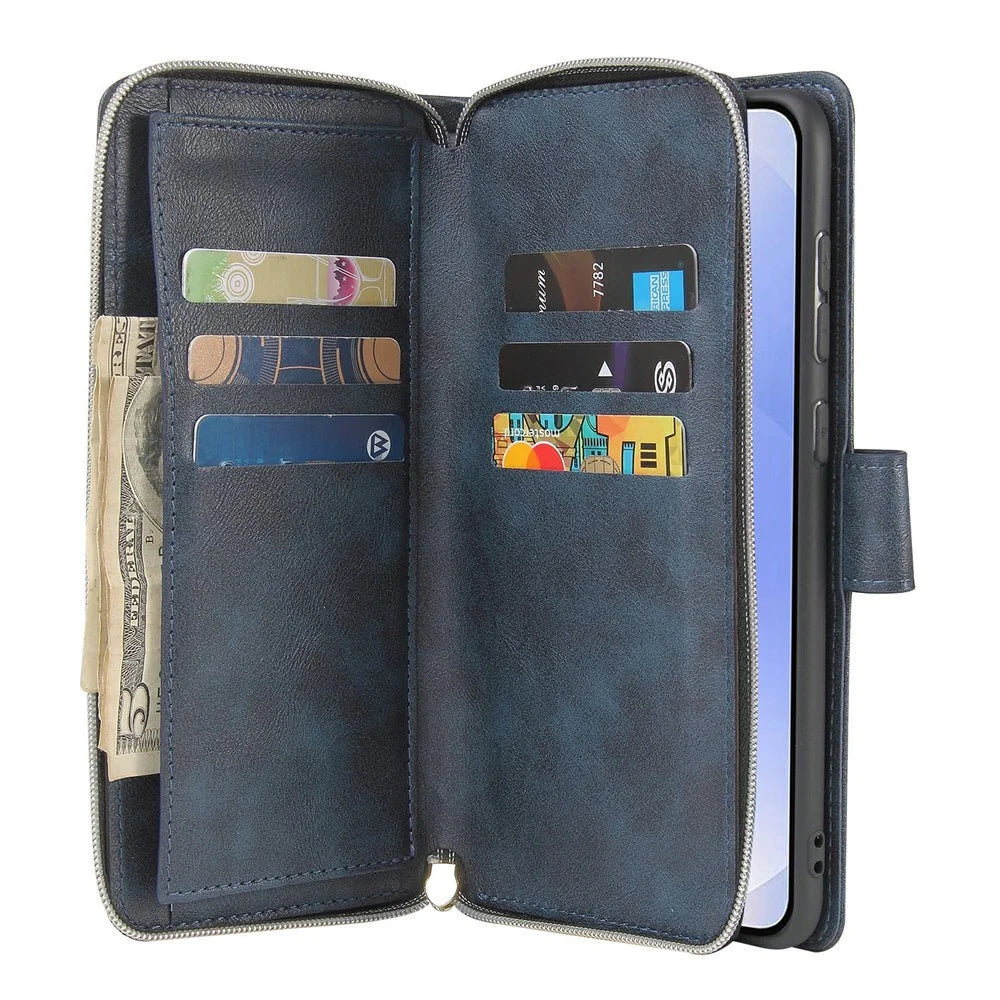 For Samsung Galaxy S25 Edge Case Zipper Pocket PU Leather Phone Cover with Hand Strap - Blue - 3