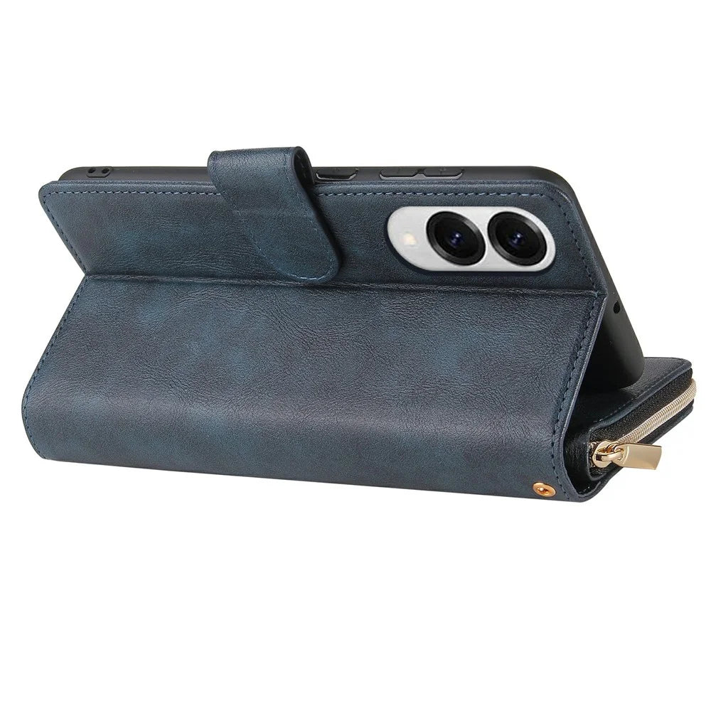 For Samsung Galaxy S25 Edge Case Zipper Pocket PU Leather Phone Cover with Hand Strap - Blue - 4
