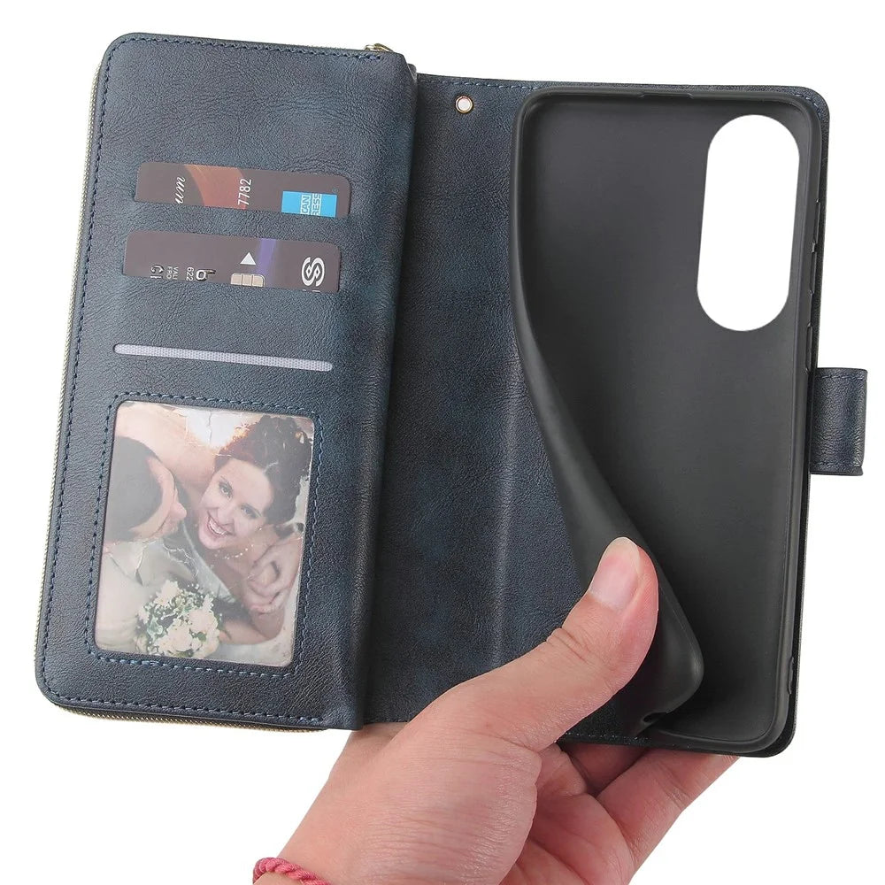 For Samsung Galaxy S25 Edge Case Zipper Pocket PU Leather Phone Cover with Hand Strap - Blue - 6