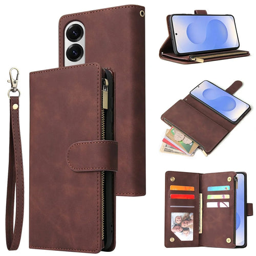 For Samsung Galaxy S25 Edge Case Zipper Wallet Multiple Card Slots Leather Phone Cover - Coffee - 1
