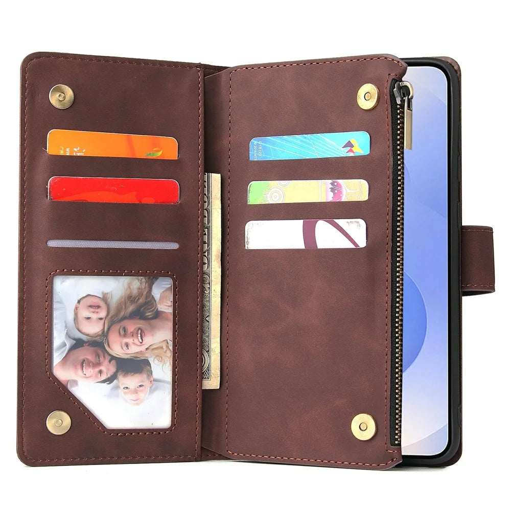 For Samsung Galaxy S25 Edge Case Zipper Wallet Multiple Card Slots Leather Phone Cover - Coffee - 2