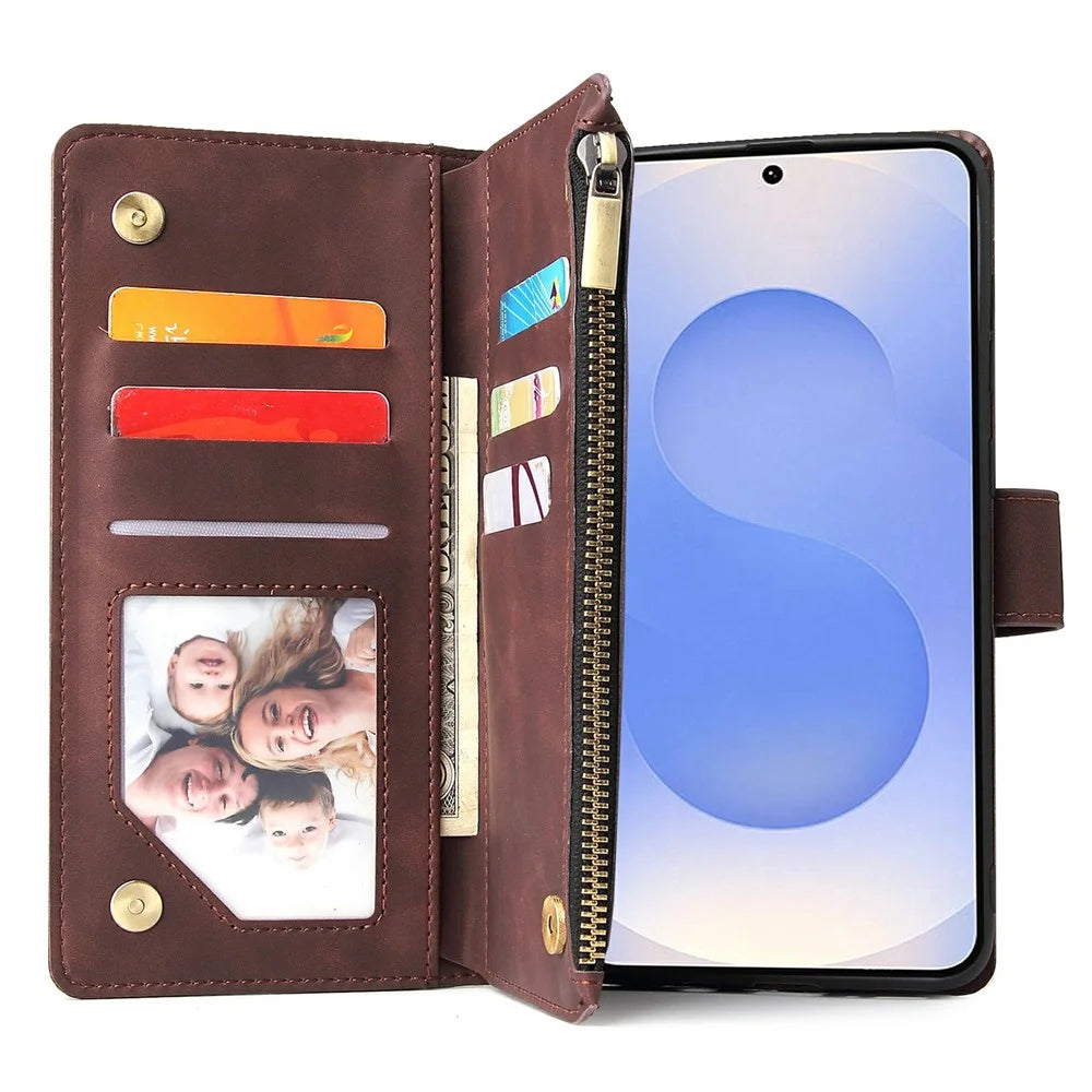 For Samsung Galaxy S25 Edge Case Zipper Wallet Multiple Card Slots Leather Phone Cover - Coffee - 3