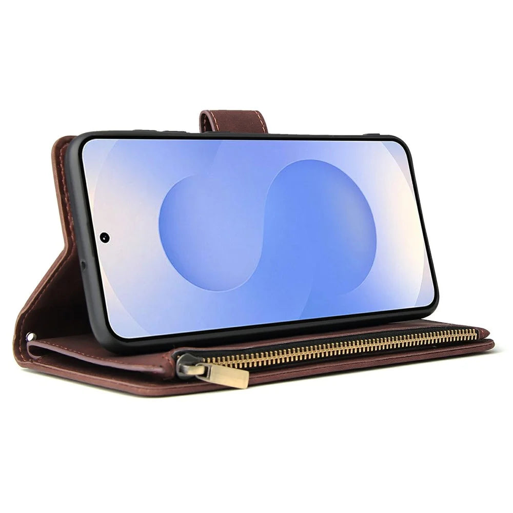 For Samsung Galaxy S25 Edge Case Zipper Wallet Multiple Card Slots Leather Phone Cover - Coffee - 4