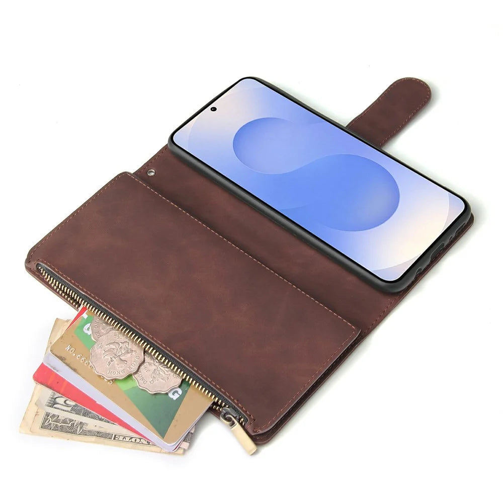 For Samsung Galaxy S25 Edge Case Zipper Wallet Multiple Card Slots Leather Phone Cover - Coffee - 5