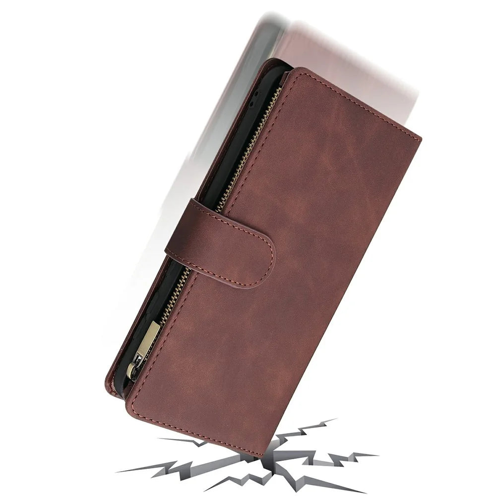For Samsung Galaxy S25 Edge Case Zipper Wallet Multiple Card Slots Leather Phone Cover - Coffee - 6
