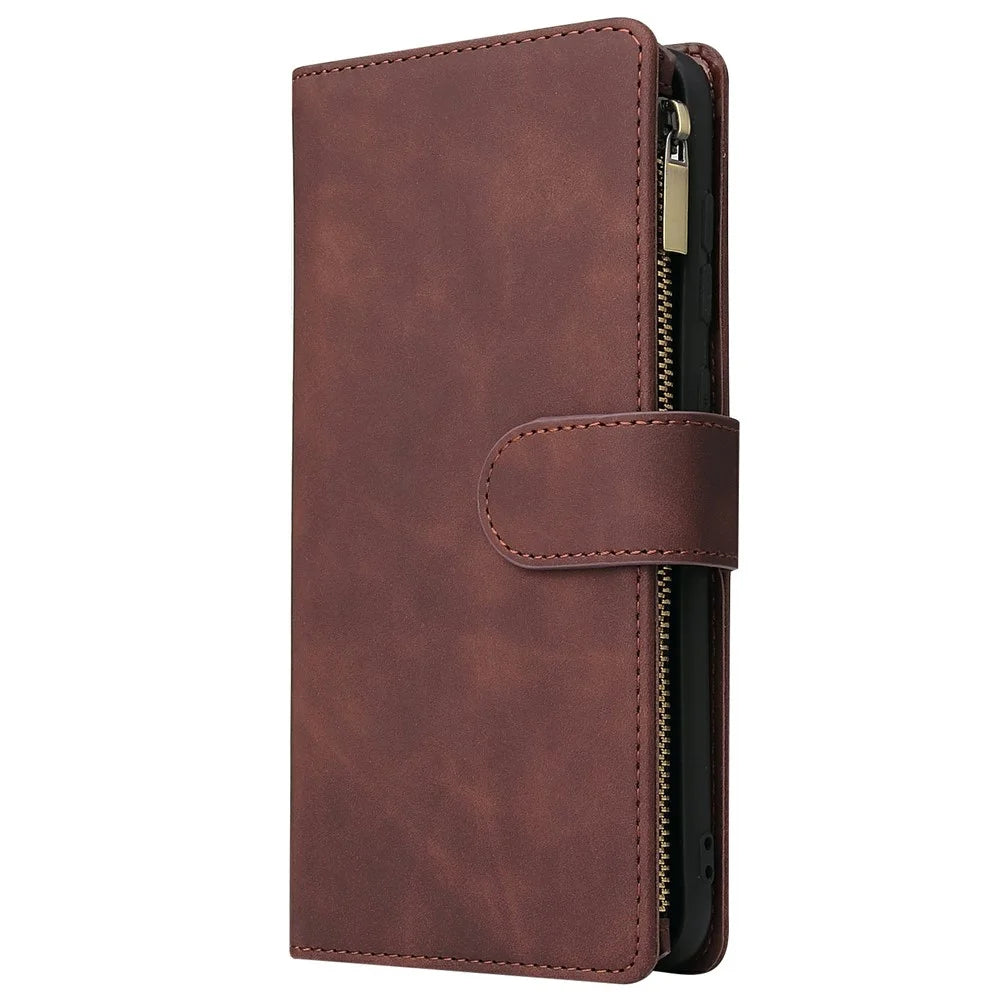 For Samsung Galaxy S25 Edge Case Zipper Wallet Multiple Card Slots Leather Phone Cover - Coffee - 7