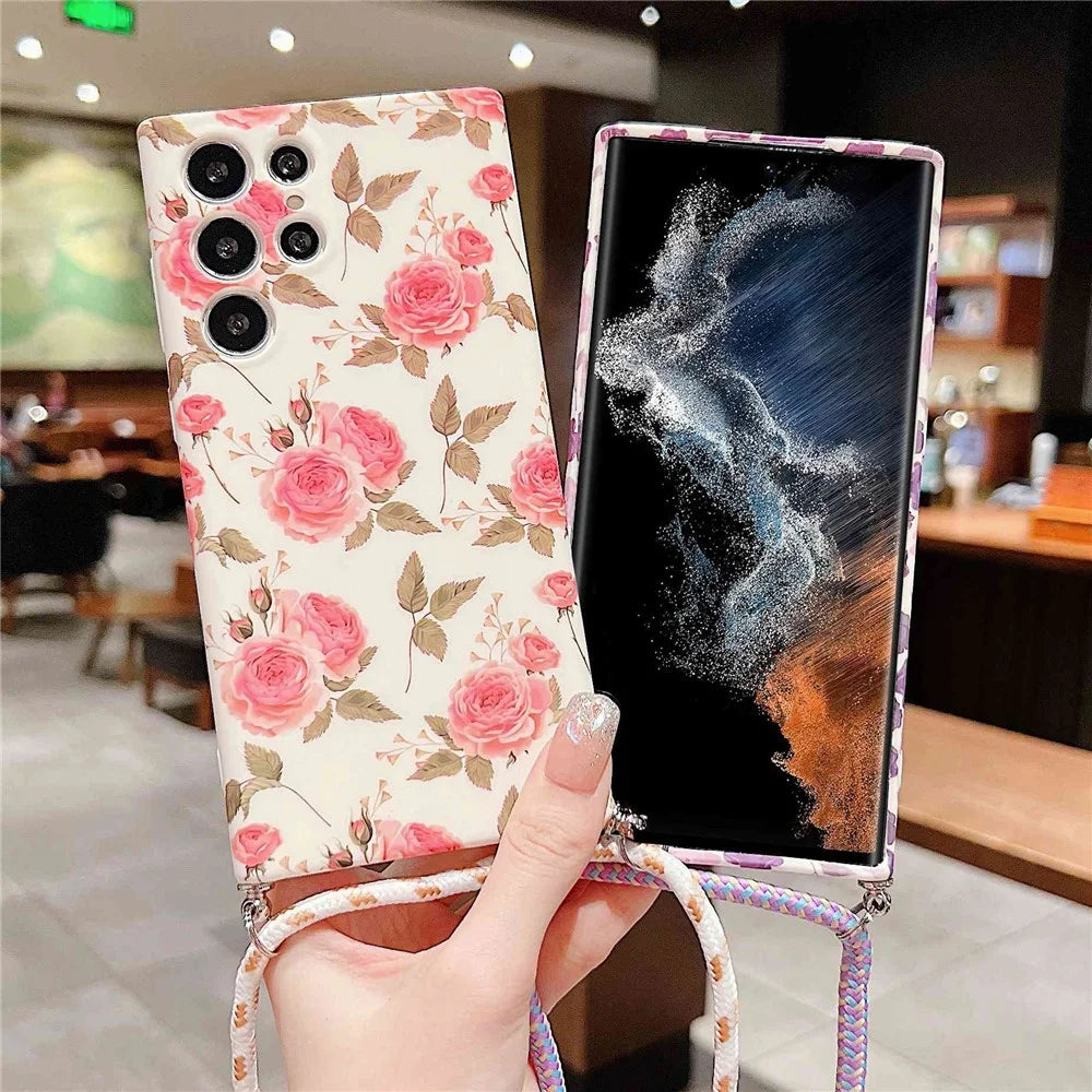 For Samsung Galaxy S22 Ultra 5G Flower Pattern Printed TPU Phone Back Case Anti-scratch Anti-drop Cover with Lanyard - B - 4