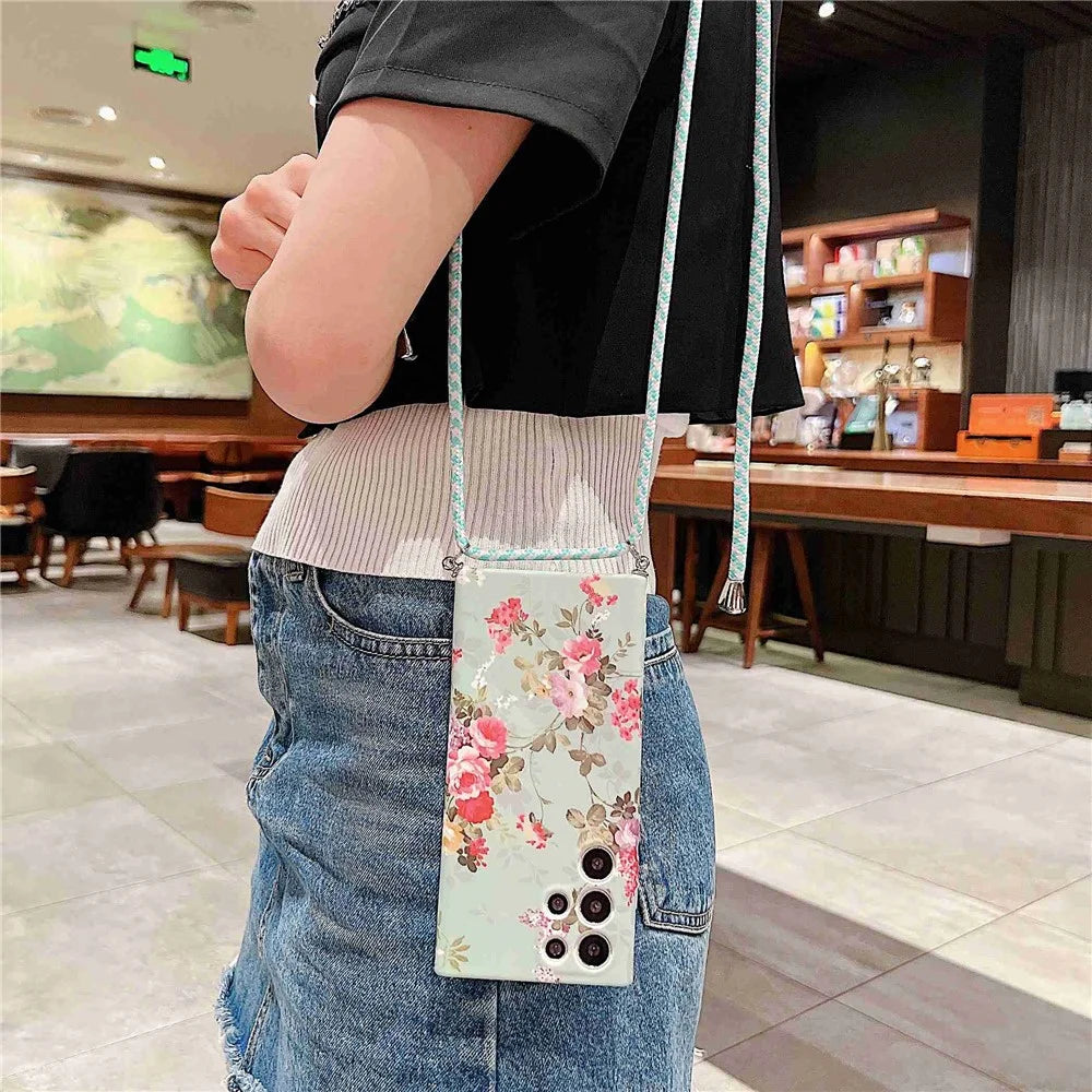 For Samsung Galaxy S22 Ultra 5G Flower Pattern Printed TPU Phone Back Case Anti-scratch Anti-drop Cover with Lanyard - B - 5