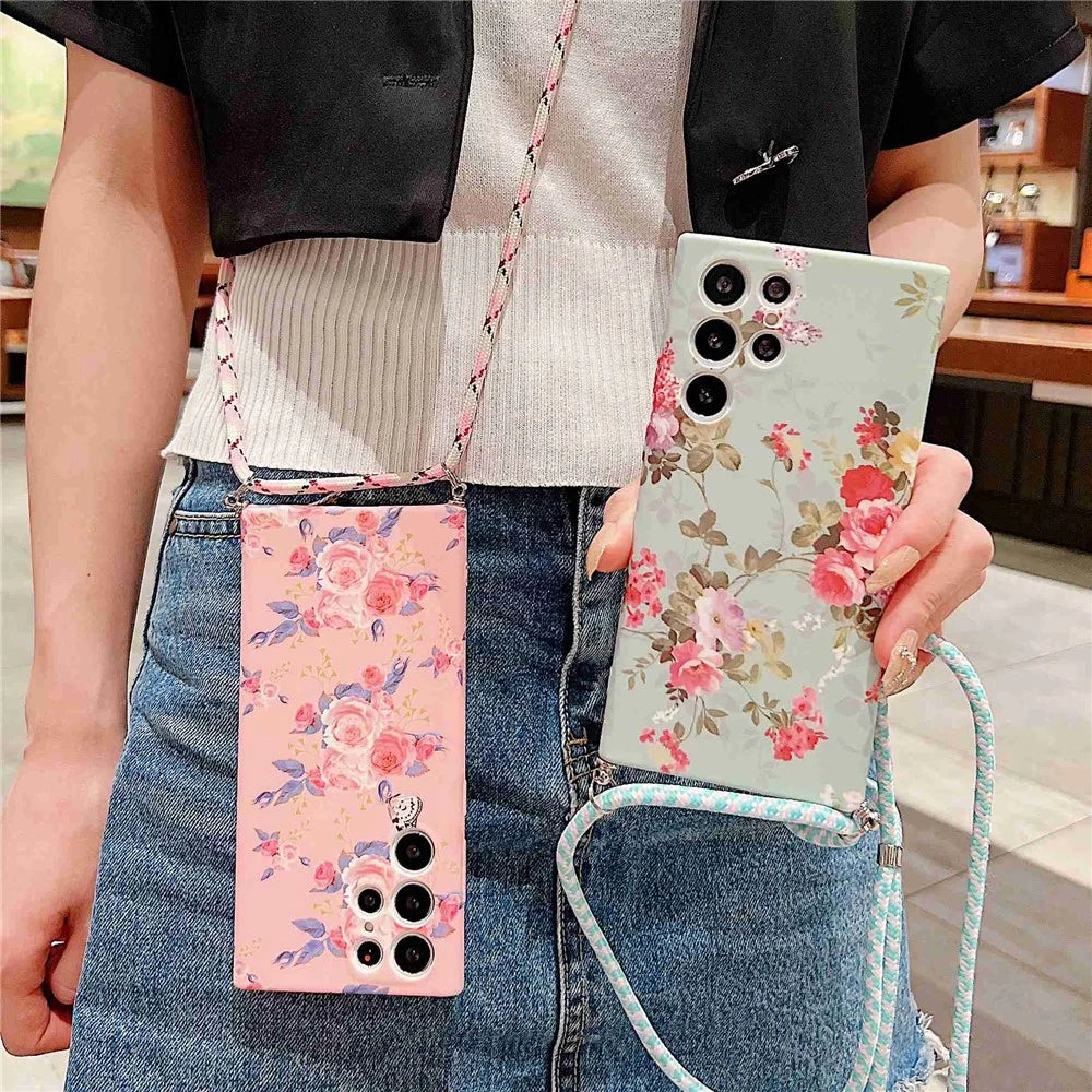 For Samsung Galaxy S22 Ultra 5G Flower Pattern Printed TPU Phone Back Case Anti-scratch Anti-drop Cover with Lanyard - B - 6