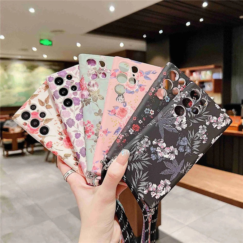 For Samsung Galaxy S22 Ultra 5G Flower Pattern Printed TPU Phone Back Case Anti-scratch Anti-drop Cover with Lanyard - B - 7