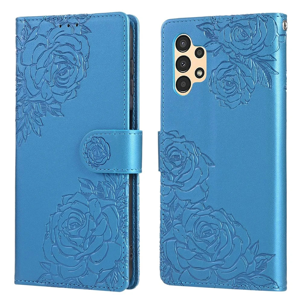 For Samsung Galaxy A13 4G / 5G Case Rose Flower PU Leather Wallet Phone Cover with 3 Card Slots - Blue - 1