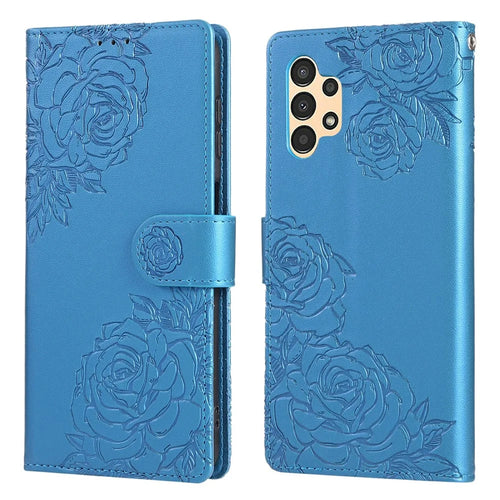 For Samsung Galaxy A13 4G / 5G Case Rose Flower PU Leather Wallet Phone Cover with 3 Card Slots - Blue - 1