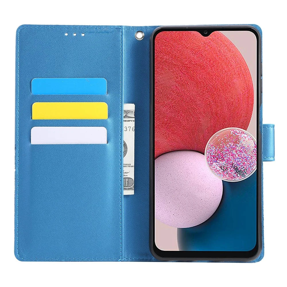 For Samsung Galaxy A13 4G / 5G Case Rose Flower PU Leather Wallet Phone Cover with 3 Card Slots - Blue - 2