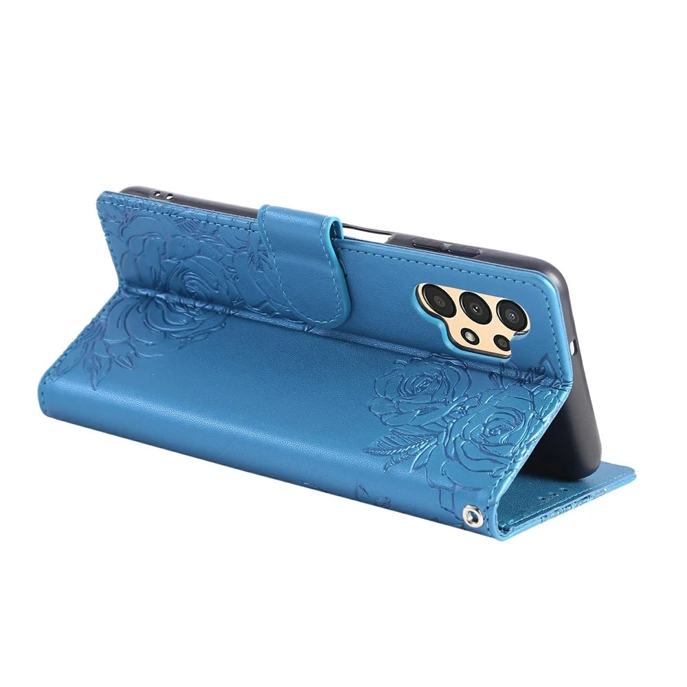 For Samsung Galaxy A13 4G / 5G Case Rose Flower PU Leather Wallet Phone Cover with 3 Card Slots - Blue - 3
