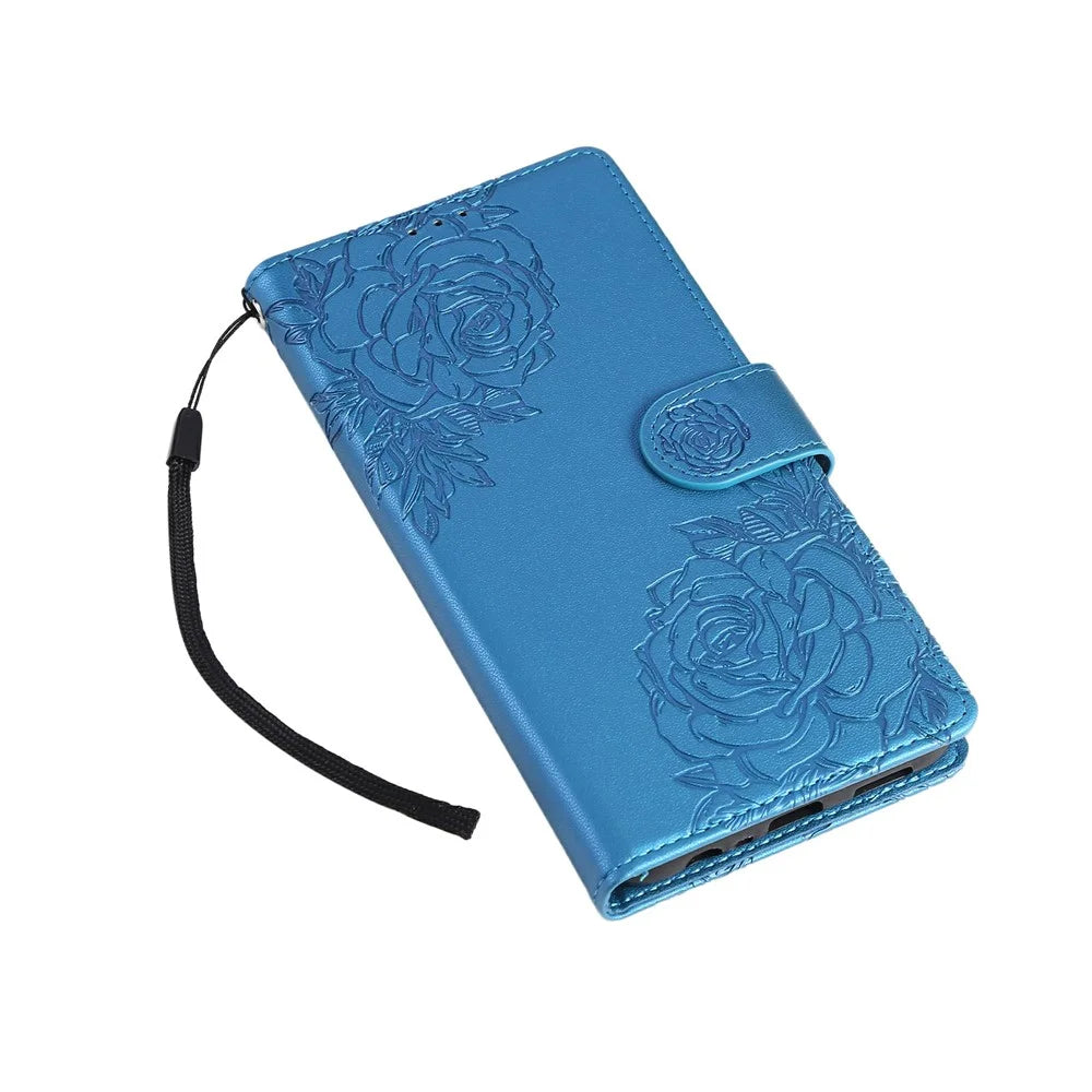 For Samsung Galaxy A13 4G / 5G Case Rose Flower PU Leather Wallet Phone Cover with 3 Card Slots - Blue - 5