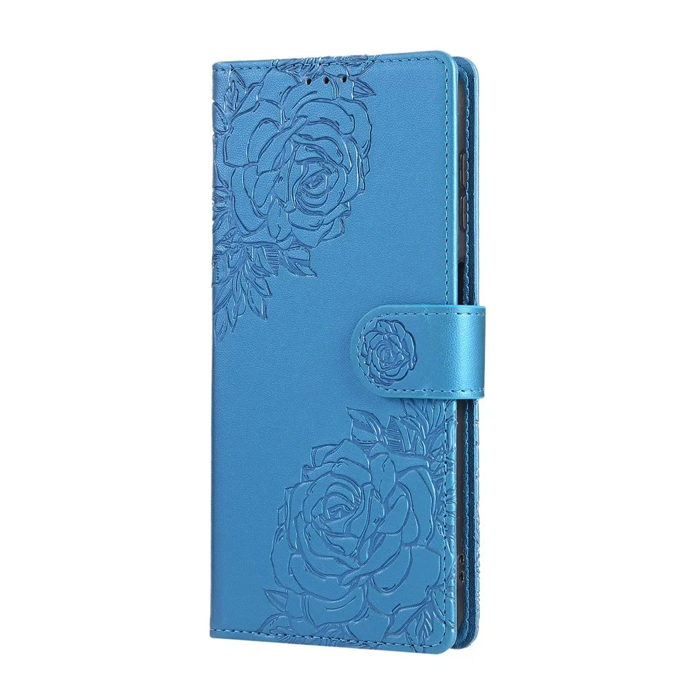 For Samsung Galaxy A13 4G / 5G Case Rose Flower PU Leather Wallet Phone Cover with 3 Card Slots - Blue - 6