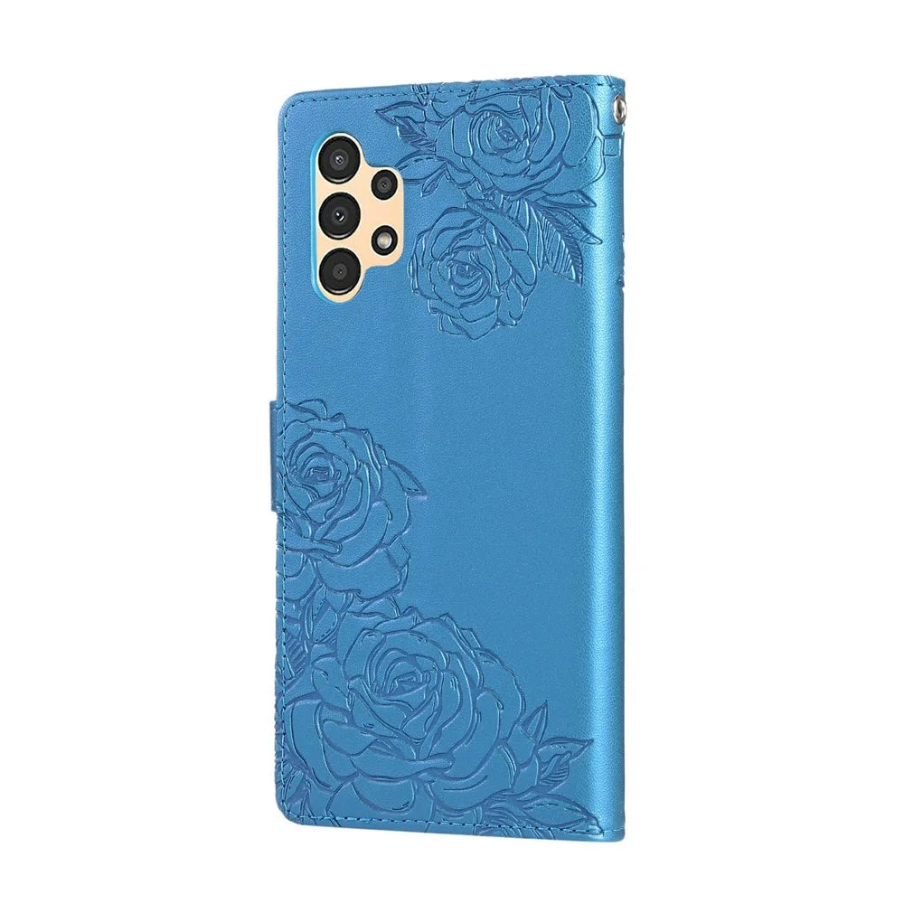 For Samsung Galaxy A13 4G / 5G Case Rose Flower PU Leather Wallet Phone Cover with 3 Card Slots - Blue - 7
