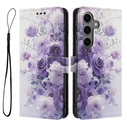 YX-2501 For Samsung Galaxy S25  /  S24 Case Pattern Printing PU Leather Wallet Phone Cover with Lanyard - Purple Rose - 1