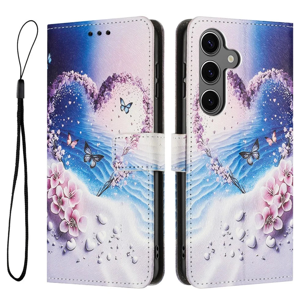 YX-2501 For Samsung Galaxy S25+  /  S24+ Case Pattern Printing PU Leather Wallet Phone Cover with Lanyard - Heart Butterfly - 1