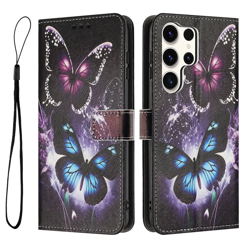 YX-2501 For Samsung Galaxy S24 Ultra Case Pattern Printing PU Leather Wallet Phone Cover with Lanyard - Two Butterflies - 1