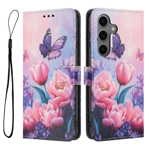 YX-2501 For Samsung Galaxy S24 FE Case Pattern Printing PU Leather Wallet Phone Cover with Lanyard - Pink Flower Butterfly - 1