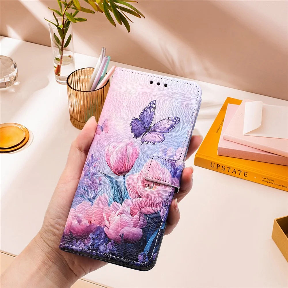 YX-2501 For Samsung Galaxy S24 FE Case Pattern Printing PU Leather Wallet Phone Cover with Lanyard - Pink Flower Butterfly - 7
