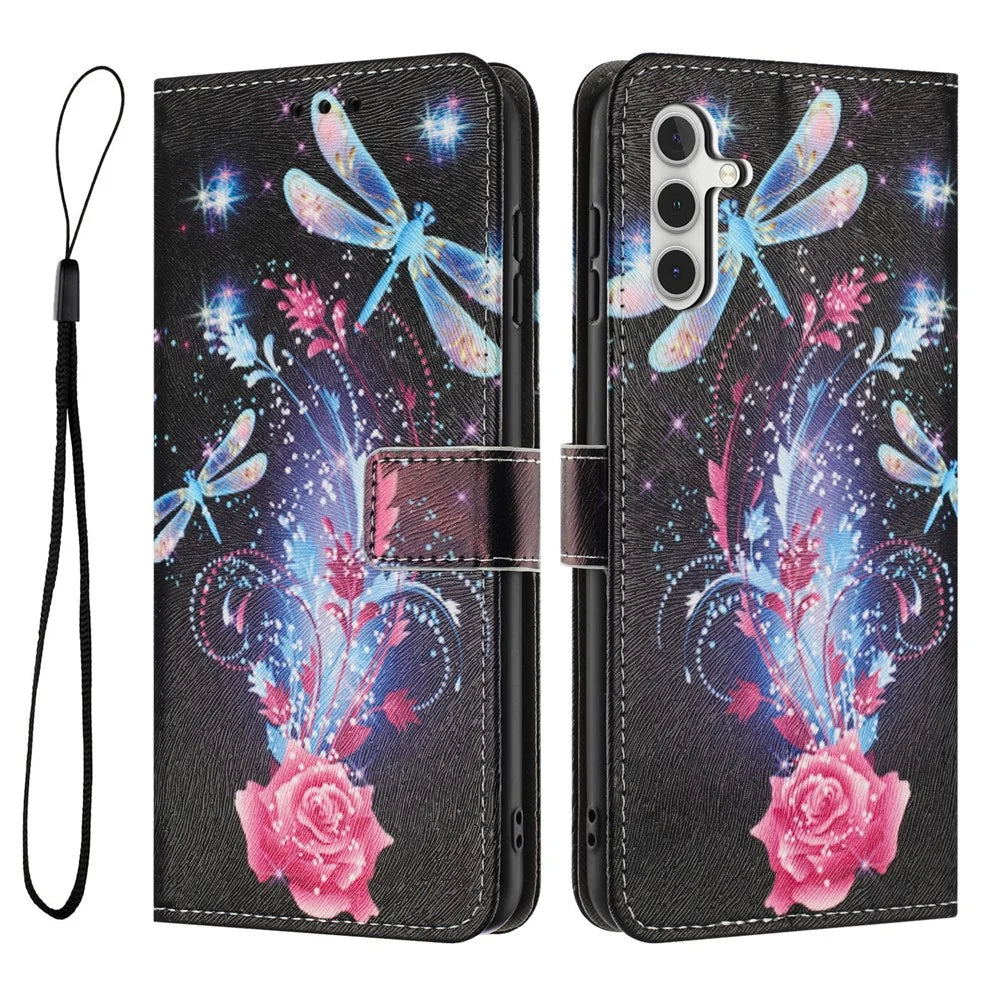 YX-2501 For Samsung Galaxy A35 5G Case Pattern Printing PU Leather Wallet Phone Cover with Lanyard - Dragonfly - 1
