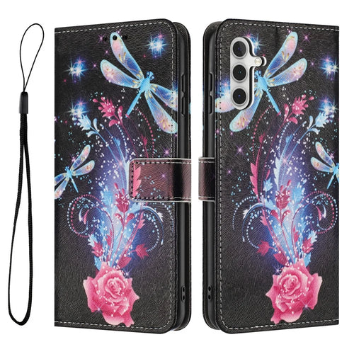 YX-2501 For Samsung Galaxy A35 5G Case Pattern Printing PU Leather Wallet Phone Cover with Lanyard - Dragonfly - 1