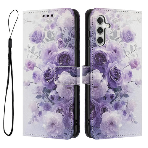 YX-2501 For Samsung Galaxy A54 5G Case Pattern Printing PU Leather Wallet Phone Cover with Lanyard - Purple Rose - 1
