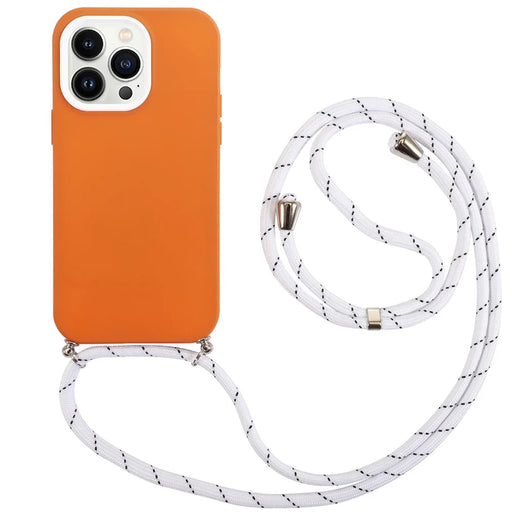 For iPhone 14 Pro 3-in-1 PC Frame + Lens Ring + TPU Back Case Mobile Phone Anti-drop Protective Cover with Long Lanyard - Orange - 1