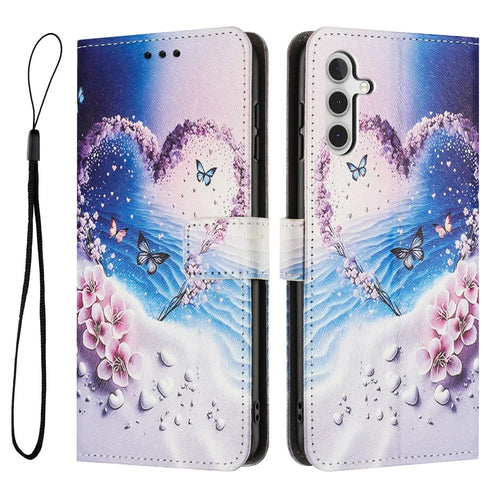 YX-2501 For Samsung Galaxy A55 5G Case Pattern Printing PU Leather Wallet Phone Cover with Lanyard - Heart Butterfly - 1