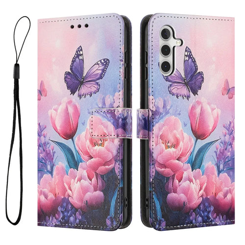YX-2501 For Samsung Galaxy A36 5G Case Pattern Printing PU Leather Wallet Phone Cover with Lanyard - Pink Flower Butterfly - 1