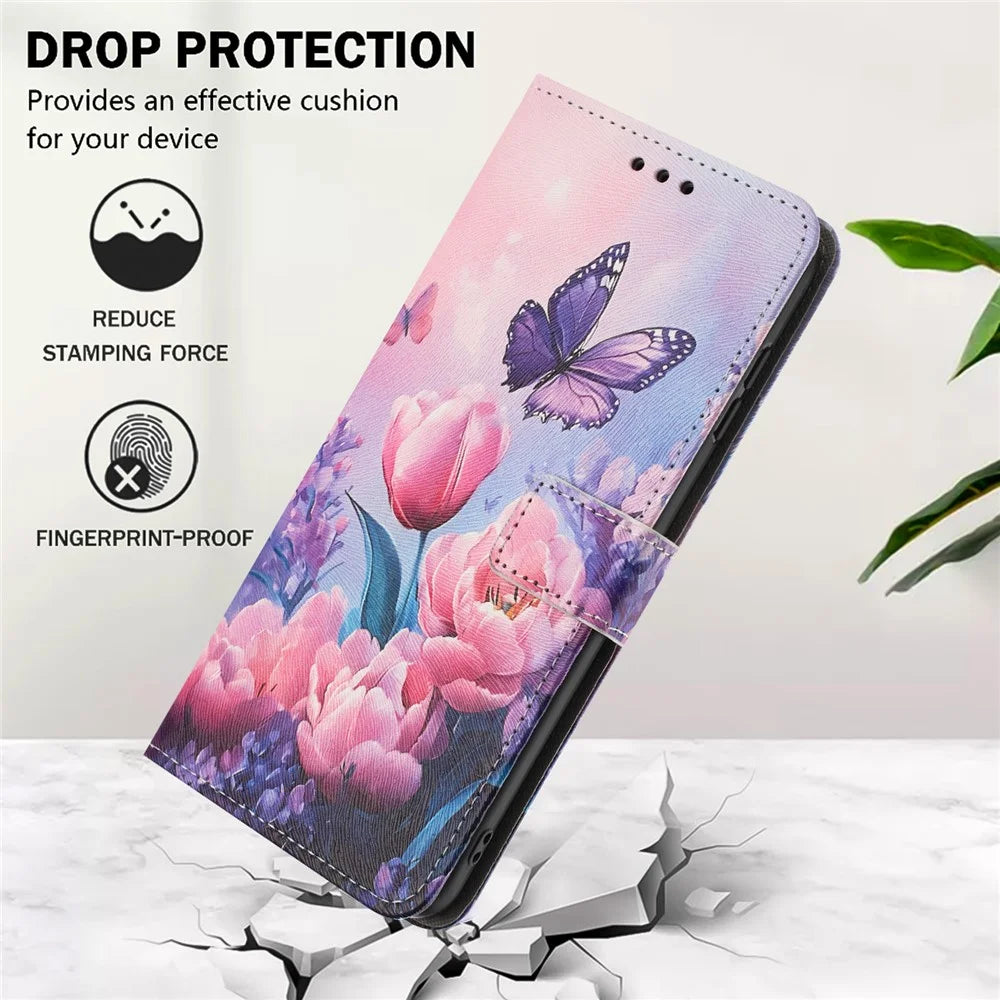 YX-2501 For Samsung Galaxy A36 5G Case Pattern Printing PU Leather Wallet Phone Cover with Lanyard - Pink Flower Butterfly - 5