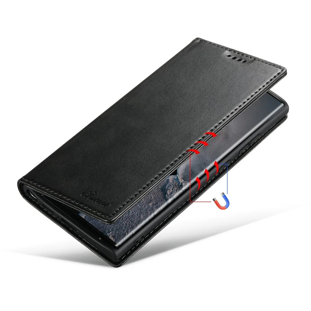 SUTENI For Samsung Galaxy S25 Ultra Case PU Leather Wallet Stand Magnetic Closing Phone Cover - Black - 4