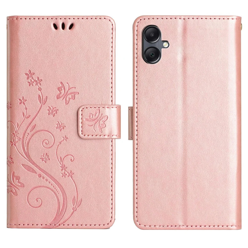 For Samsung Galaxy A25e Leather Wallet Case Butterfly Flower Imprinted Phone Cover with Strap - Rose Gold - 1