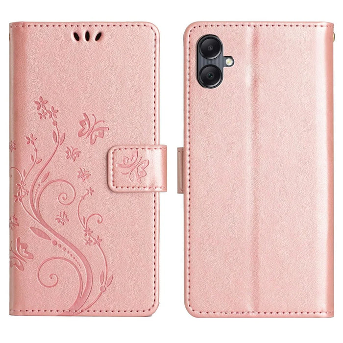 For Samsung Galaxy A25e Leather Wallet Case Butterfly Flower Imprinted Phone Cover with Strap - Rose Gold - 1