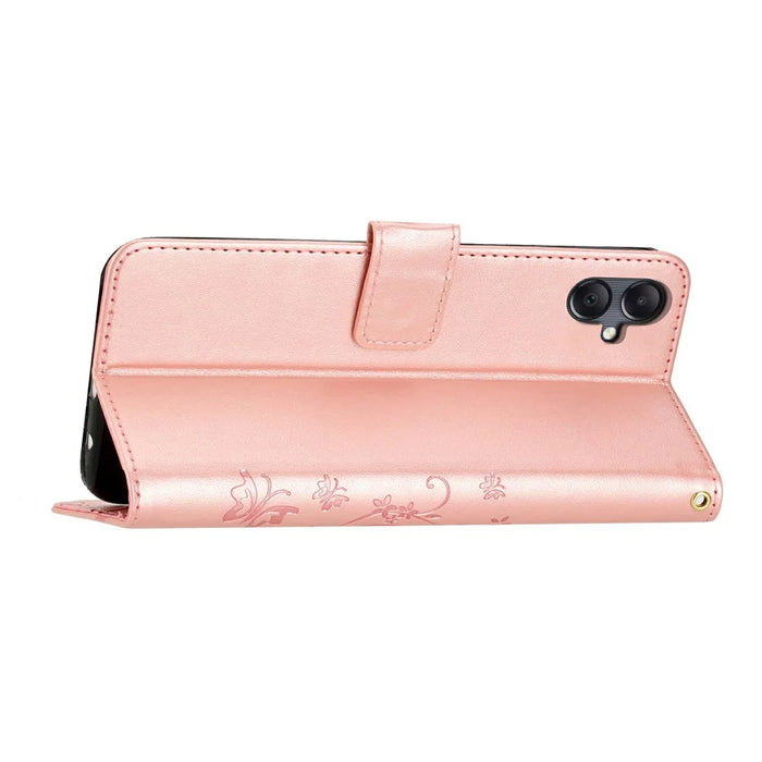 For Samsung Galaxy A25e Leather Wallet Case Butterfly Flower Imprinted Phone Cover with Strap - Rose Gold - 3