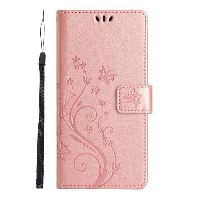 For Samsung Galaxy A25e Leather Wallet Case Butterfly Flower Imprinted Phone Cover with Strap - Rose Gold - 6