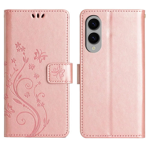 For Samsung Galaxy S25 Edge Leather Wallet Case Butterfly Flower Imprinted Phone Cover with Strap - Rose Gold - 1