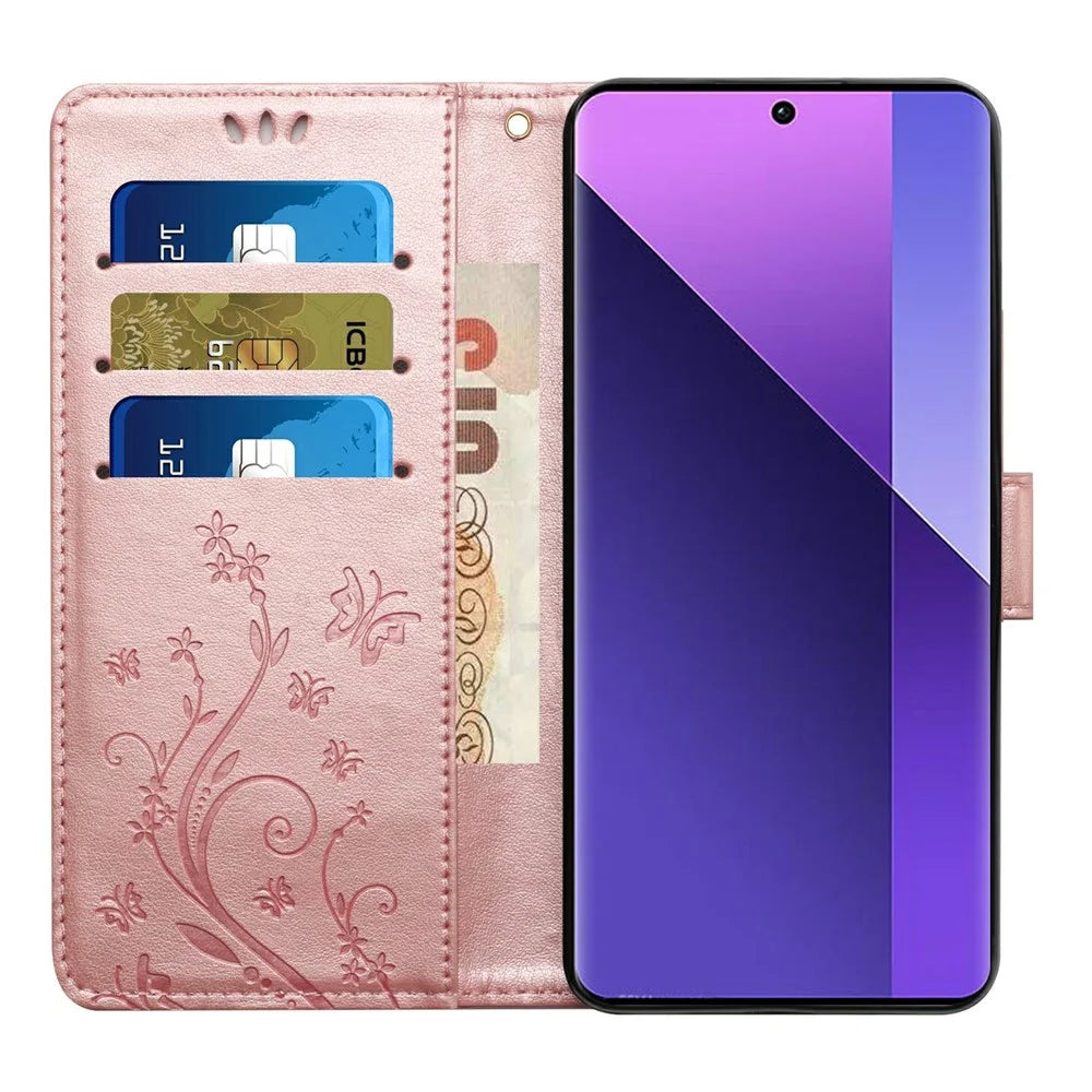 For Samsung Galaxy S25 Edge Leather Wallet Case Butterfly Flower Imprinted Phone Cover with Strap - Rose Gold - 2
