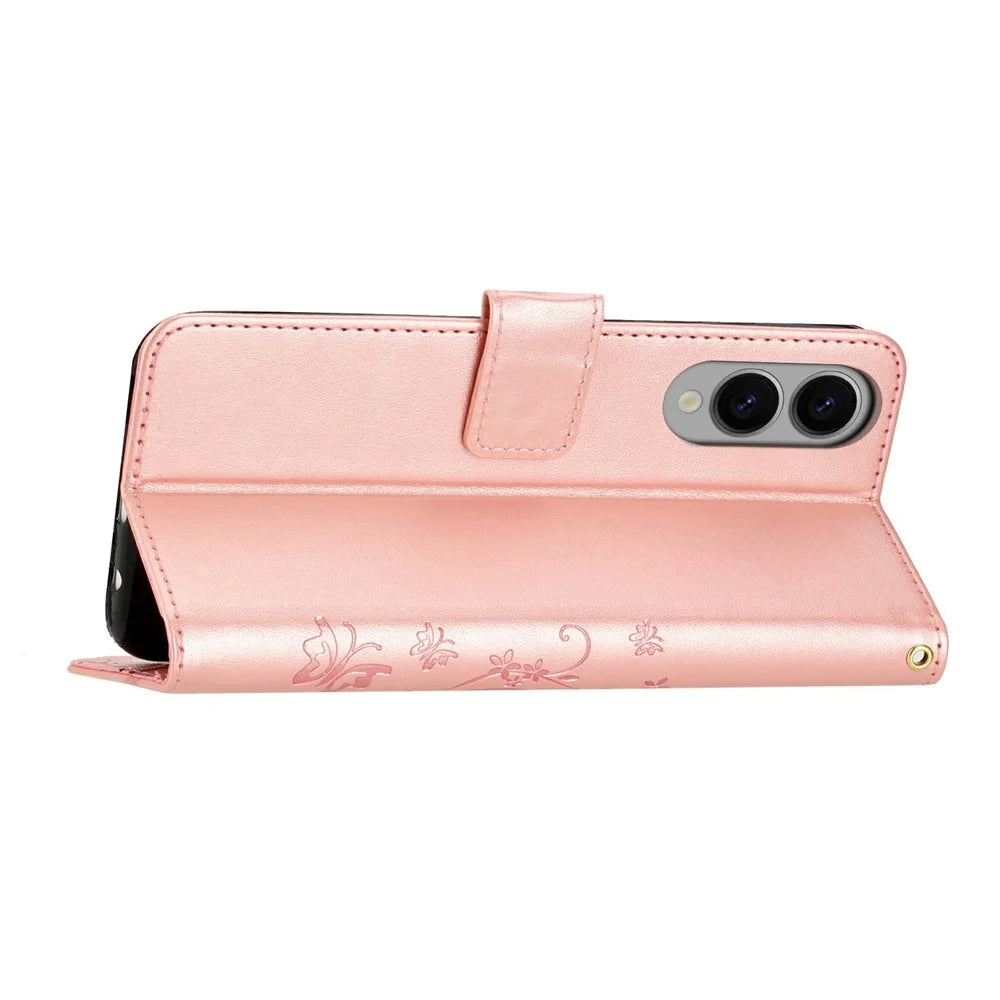 For Samsung Galaxy S25 Edge Leather Wallet Case Butterfly Flower Imprinted Phone Cover with Strap - Rose Gold - 3