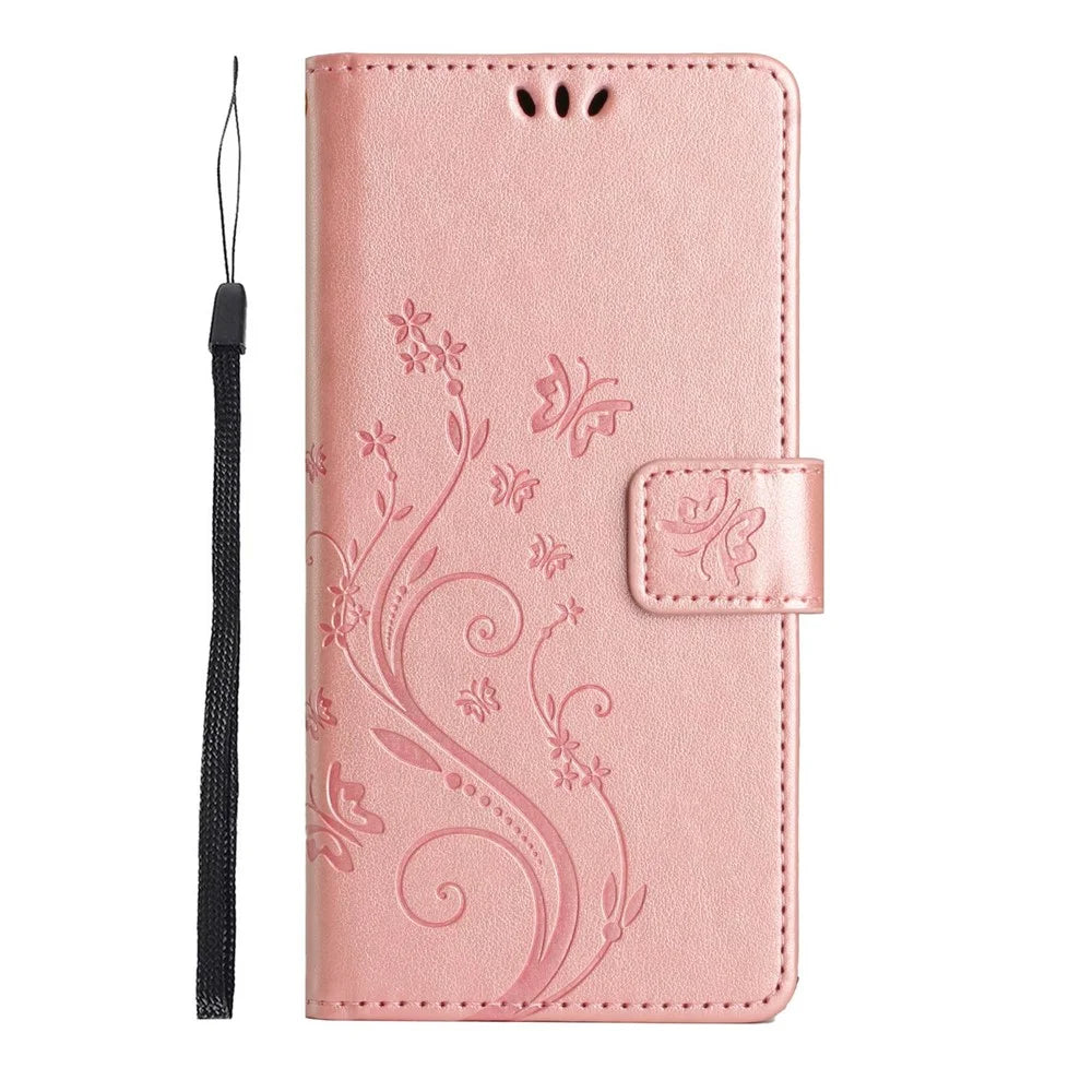 For Samsung Galaxy S25 Edge Leather Wallet Case Butterfly Flower Imprinted Phone Cover with Strap - Rose Gold - 6