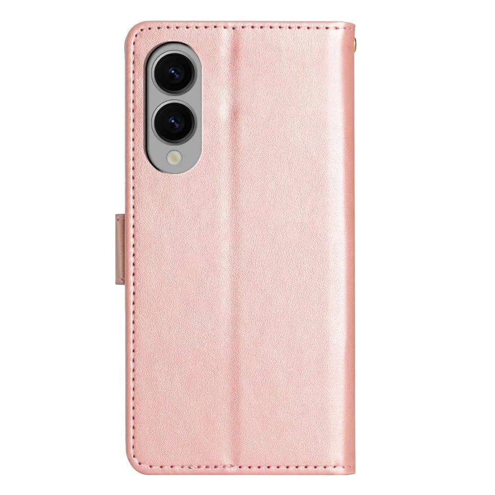 For Samsung Galaxy S25 Edge Leather Wallet Case Butterfly Flower Imprinted Phone Cover with Strap - Rose Gold - 7