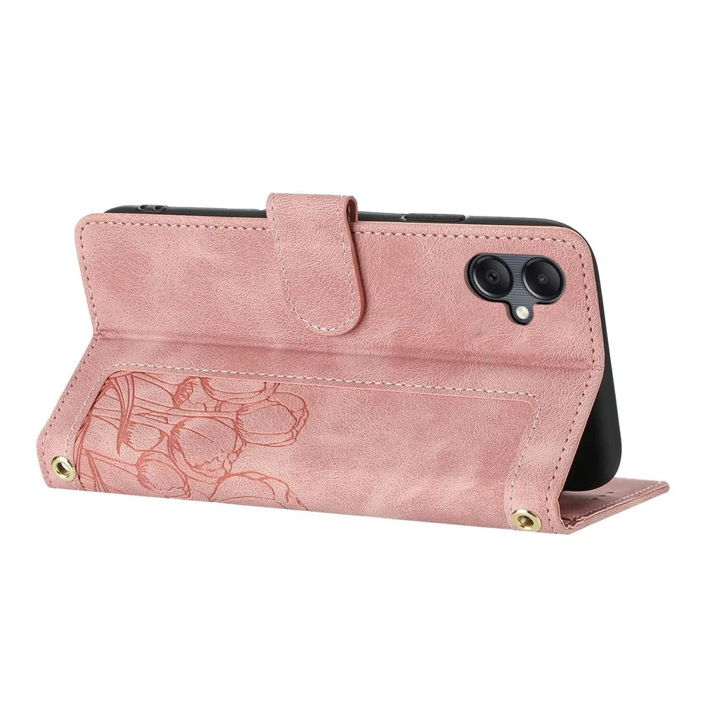 For Samsung Galaxy A25e Case Tulip Leather Phone Cover with 5 Card Slots Wallet - Pink - 3