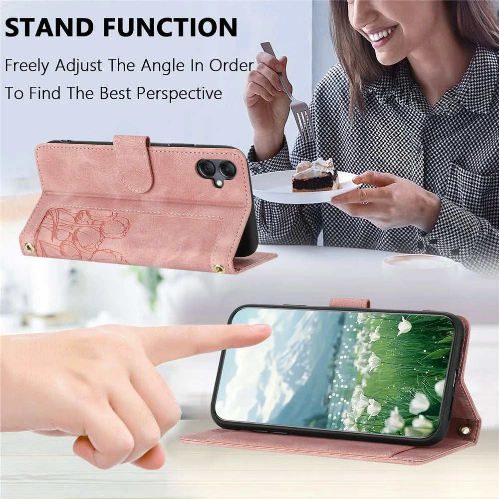 For Samsung Galaxy A25e Case Tulip Leather Phone Cover with 5 Card Slots Wallet - Pink - 7