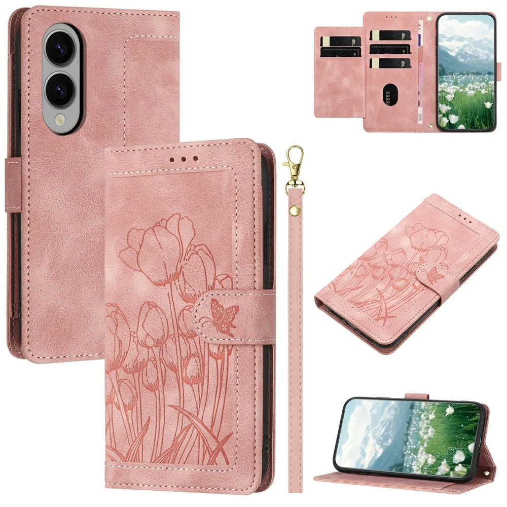 For Samsung Galaxy S25 Edge Case Tulip Leather Phone Cover with 5 Card Slots Wallet - Pink - 1