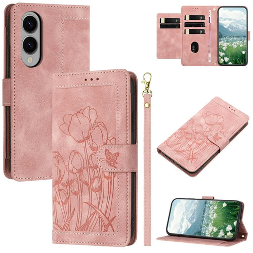 For Samsung Galaxy S25 Edge Case Tulip Leather Phone Cover with 5 Card Slots Wallet - Pink - 1