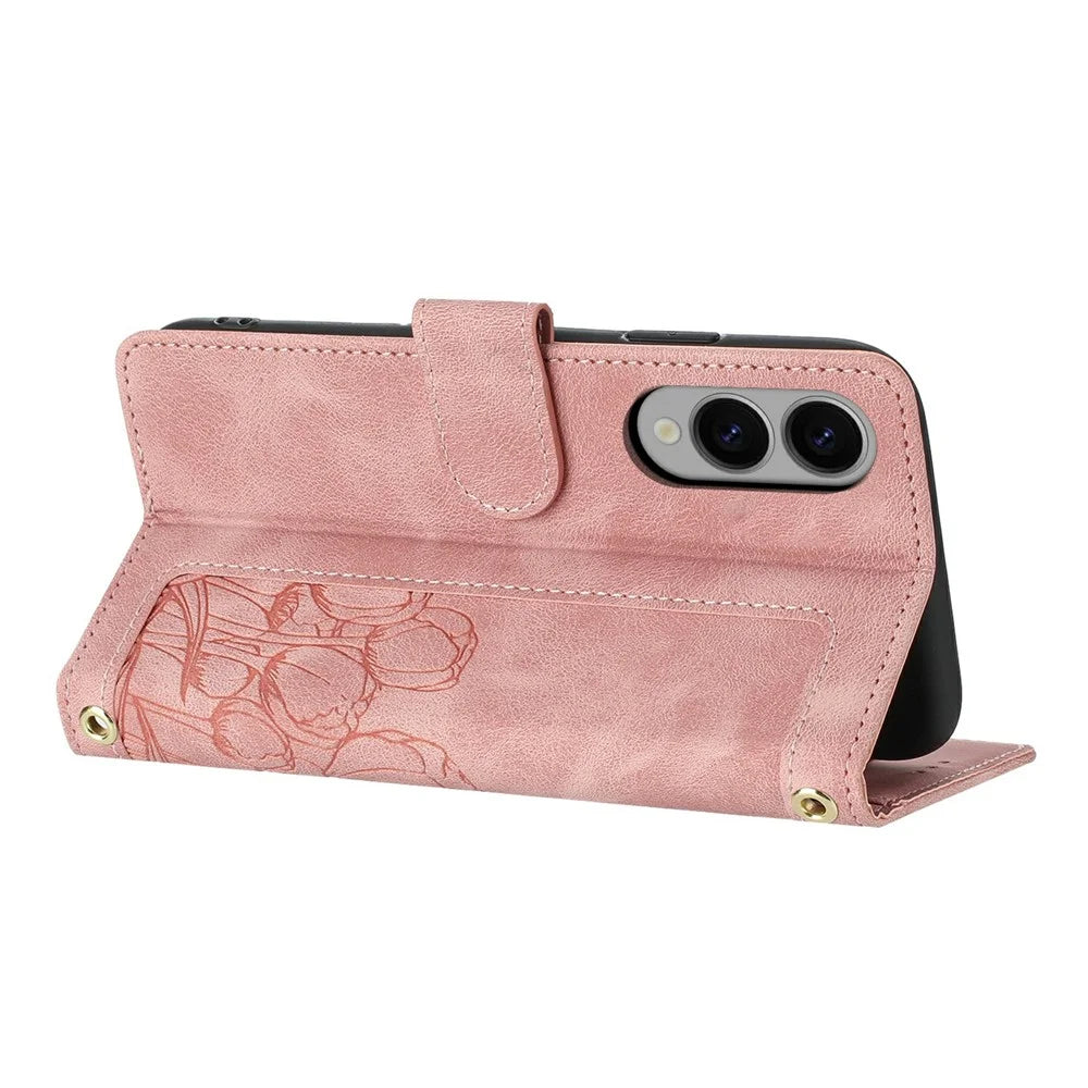 For Samsung Galaxy S25 Edge Case Tulip Leather Phone Cover with 5 Card Slots Wallet - Pink - 2